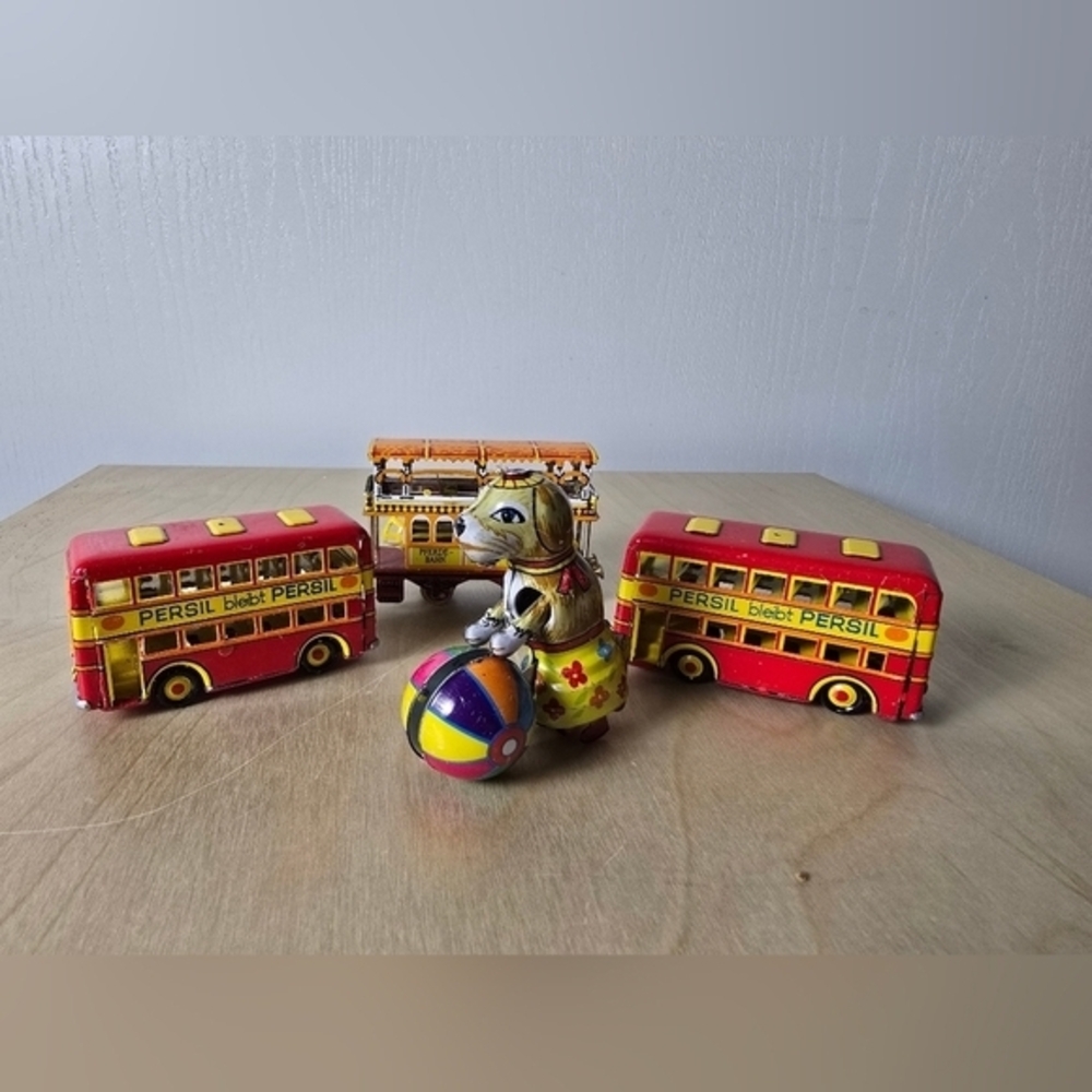Schilling Christmas Decorations Double Decker Bus,Trolley, Dog With Ball